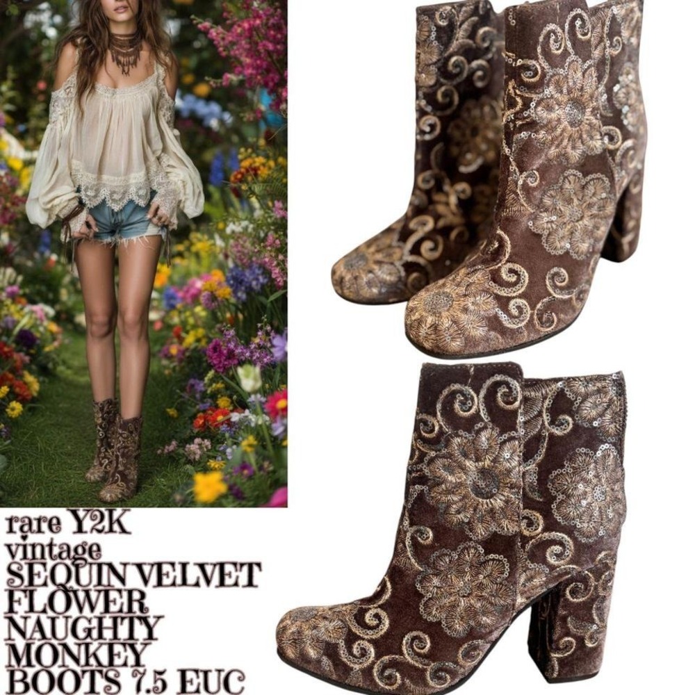 Y2K VINTAGE RARE EMBROIDERED VELVET SEQUIN BOOTS 7.5‎ EUC